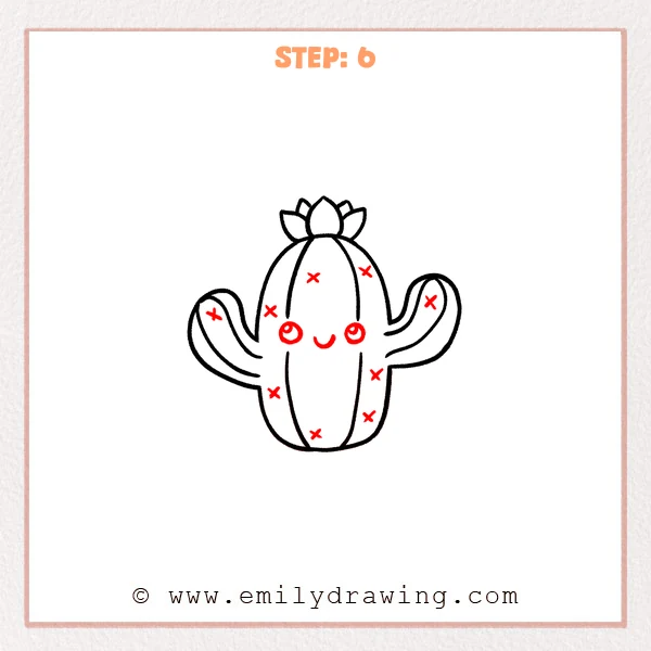 how to draw a cartoon cactus - A cartoon cactus now has a cute face with round eyes and a small smile, plus scattered X-shaped spines on the body and arms.